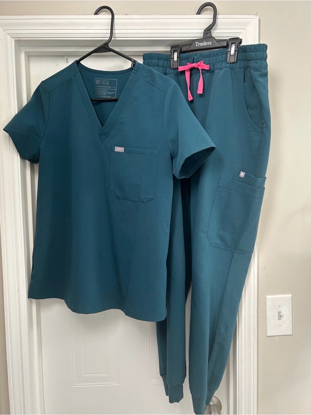 Figs Teal Scrub Top and Jogger Pants with Pink Drawstring